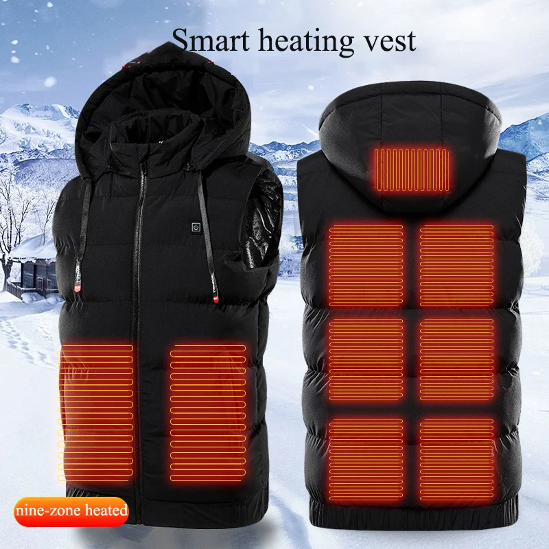 

9 Areas Heated Vest Men's Sleeveless Jacket Hooded Men's Vest Thicken Jackets USB Super Warm Outdoor Hunting Heating Jackets