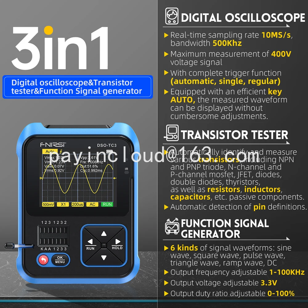 

DSO-TC3 Digital Oscilloscope Transistor Tester Signal Generator Meter Handheld Oscilloscope 10MS/s Sample Rate 500KHz Bandwidth