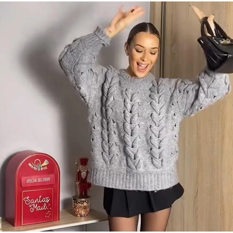 Suéteres casuales de punto con cuello redondo para mujer, suéter vintage holgado gris de manga larga, suéter para mujer, moda urbana versátil.
