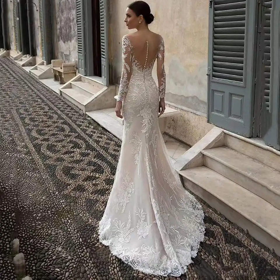 

Morden White Mermaid Illusion V-Neck Lace Applique Long Sleeve Sweep Train Wedding Dress Wedding Gown Bridal Gown