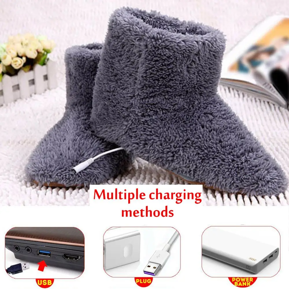 Useful Plush Comfortable USB Charging Foot Warmer Shoes Warm Foot Electric Heated Shoes Winter Warming Slipper 3