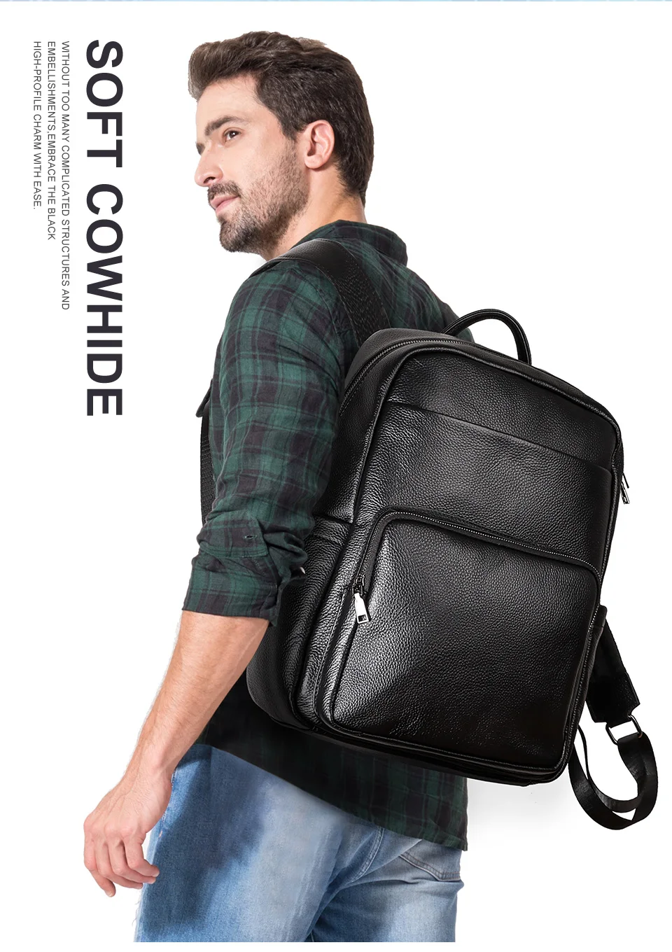 HUMERPAUL Oberschicht-Lederrucksack für Männer, große Kapazität, Teenager, Mochilas, Schultasche, hochwertiger Laptop-Rucksack – Detail 2
