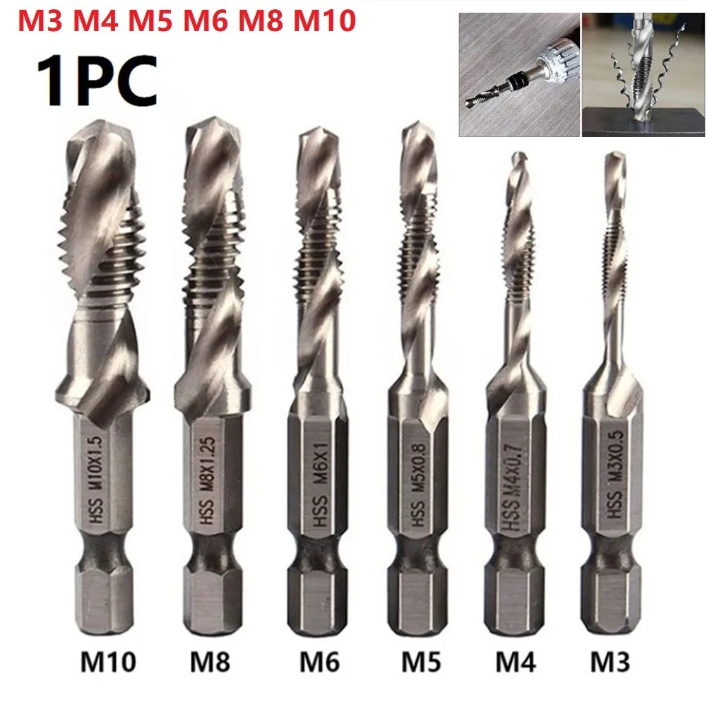 

1pcs Tap Drill Bit Hex Shank Thread Metric Tap HSS Threaded Bit Screw Machine Compound Tap M3-M10 Hand Processing Tools