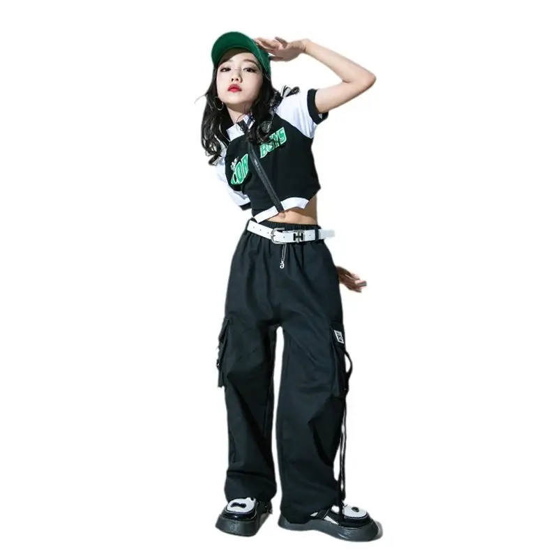 

Kid Cool Hip Hop Clothing Mock Neck Zip up T Shirt Crop Top Black Strap Street Cargo Pants for Girl Jazz Dance Costume Clothes (