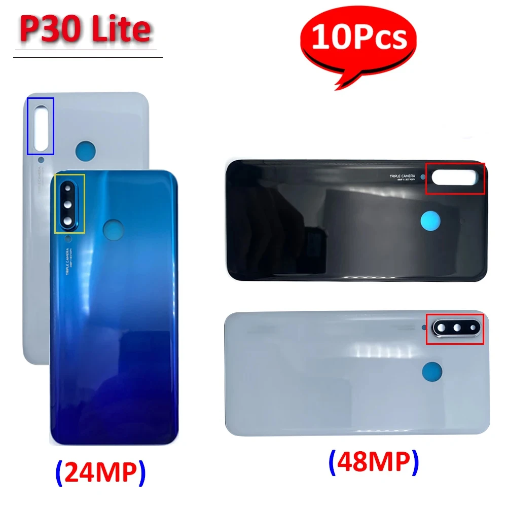

10Pcs，NEW Battery Door Housing Case Rear Back Cover Replace With Frame Camera Lens For Huawei P30 Lite 24MP 48MP With Adhesive