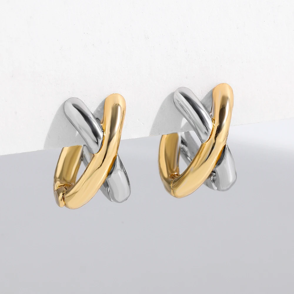 Punk Gold Plated Silver Color Mixing Metal Criss-cross Earrings for Women Geometric Small Ear Bone Aros Huggie Hoops Jewelry