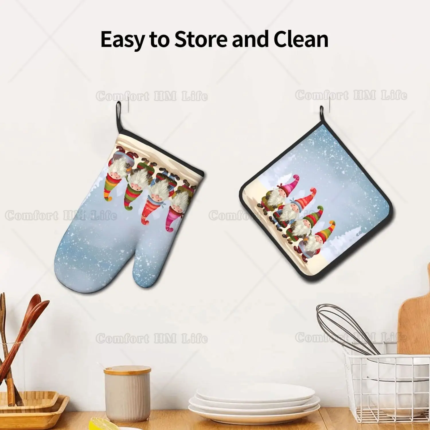 Heat Resistant Oven Mitt and Pot Holders 2 Piece Set Christmas Winter Gnomes Cotton Lining Non-Slip Kitchen BBQ Oven Gloves