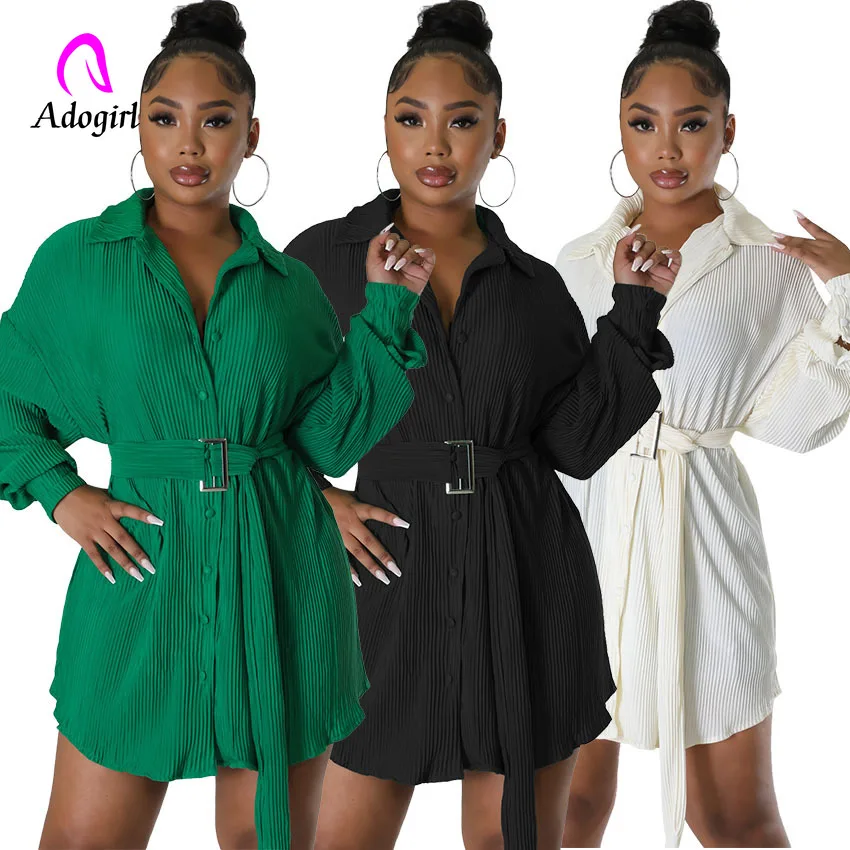 

Elegant Women Mini Dress Solid Long Sleeve Lapel Neck Shirts Dresses 2022 Autumn New Office Lady Work Wear with Belt Activewear