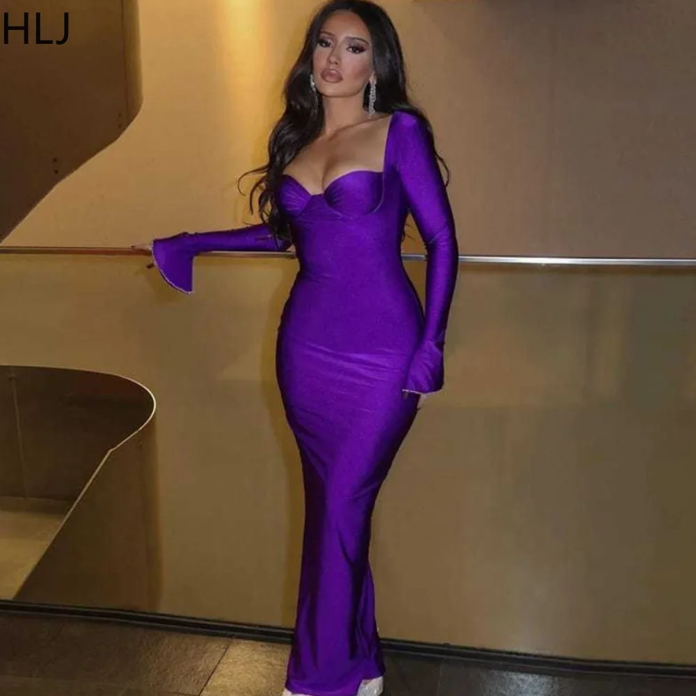 

HLJ Spring New Solid V Neck Bodycon Evening Party Dresses Women Flared Long Sleeve Slim Vestidos Fashion Female Robe Clothing