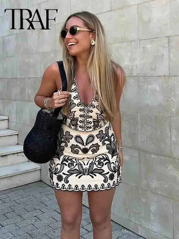 TRAF Embroidered Mini Skirts Sets For Women 2 Pieces 2024 New Fashion Halter Crop Top Women Suit Two Piece Set Women Outfit