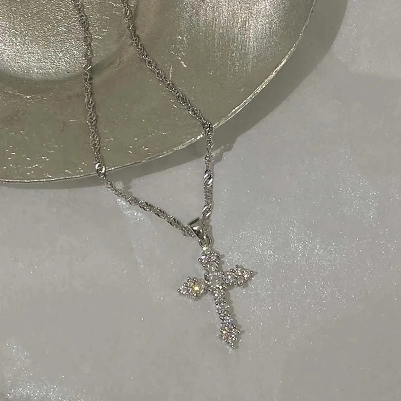 Shiny Crystal Zircon Cross Pendant Necklace for Women
