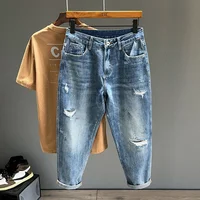 New Men's Ripped Jeans Personality Fashion Tapered Hole Frayed Denim Trousers Streetwear Casual Vintage Blue Pants Male Clothes