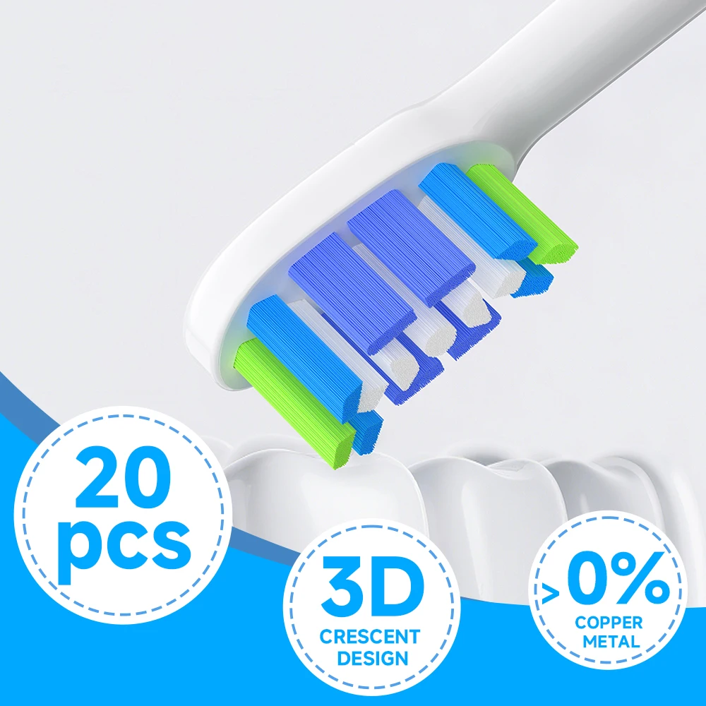 필립스 교체용 전동 칫솔 헤드 6500 6100 5300과 호환되는 20개 교체용 칫솔 헤드