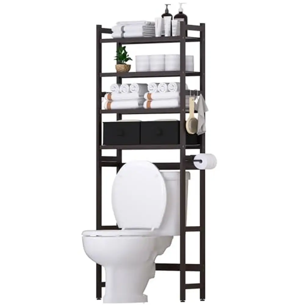 

4-Tier Bamboo Over Toilet Organizer Rack with Storage Baskets Hooks & Paper Holder Adjustable Height Natural Bamboo Material