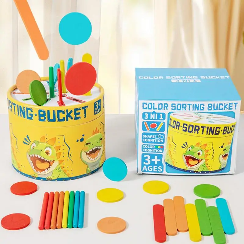 Toddler Color Sorting Toys Wooden Sorting Colors Bucket Portable Matching Toys Activities Preschool Learning Color Game For Boys