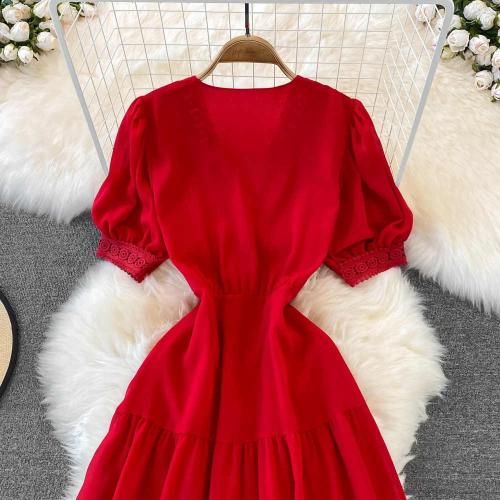 New Women Vintage Party Dress Summer Puff Sleeve Sexy V Neck Lace Single-breasted Long Dresses Ladies A Line Elegant Long Robe