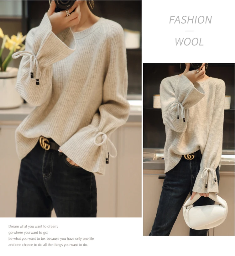 Casual Premium 100% Wool Cashmere Sweater Solid Color O Neck Knit Ladies Pullover Wool Sweater New Hot Sale autumn and winter