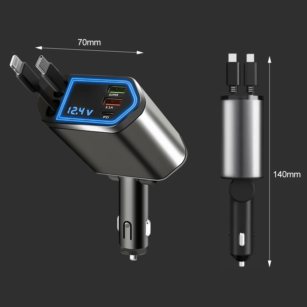 Adattatore di ricarica rapida 4 in 1 per auto da 120 W con cavo retrattile, porte USB di tipo C, caricabatterie per telefono per iPhone, Samsung, Huawei_voghion.com