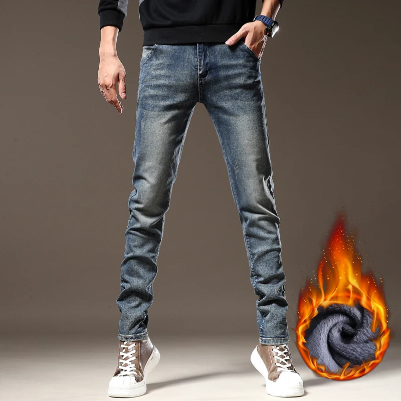 Fleece Jeans Men 2023 Winter New Vintage Elastic Slim Thick Warm Velvet Trousers Fashion Korean Male Plush Stretch Denim Pants