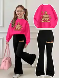 Girls' Capybara Milk Tea Sweatshirt with Strawberry Print and Flared Black Pants Set - 9 - 10Y (Red)