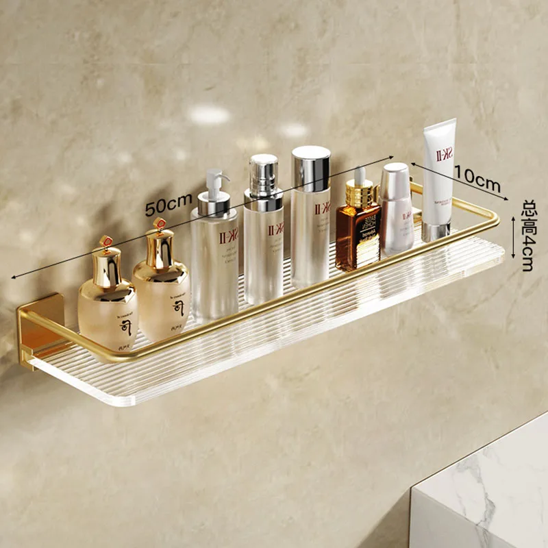 

Brushed Gold Bathroom Shelf With Rod 30-50cm Towel Bar Acrylic Wall-mounted Towel Rack Shower Storage Rack Bathroom Hardware