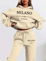 Women's autumn and winter fashion casual MILANO ITALIA printed and plush thick warm hooded sweatshirt+sports pants set - Image 2