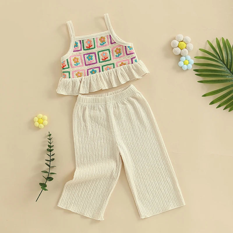 Adorable Infant Girl Floral Print Sleeveless Top and Wide-Leg Pants Set with Ruffled Straps for Summer Outfits 5