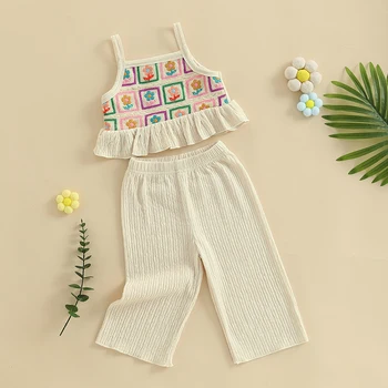 Adorable Infant Girl Floral Print Sleeveless Top and Wide-Leg Pants Set with Ruffled Straps for Summer Outfits 5