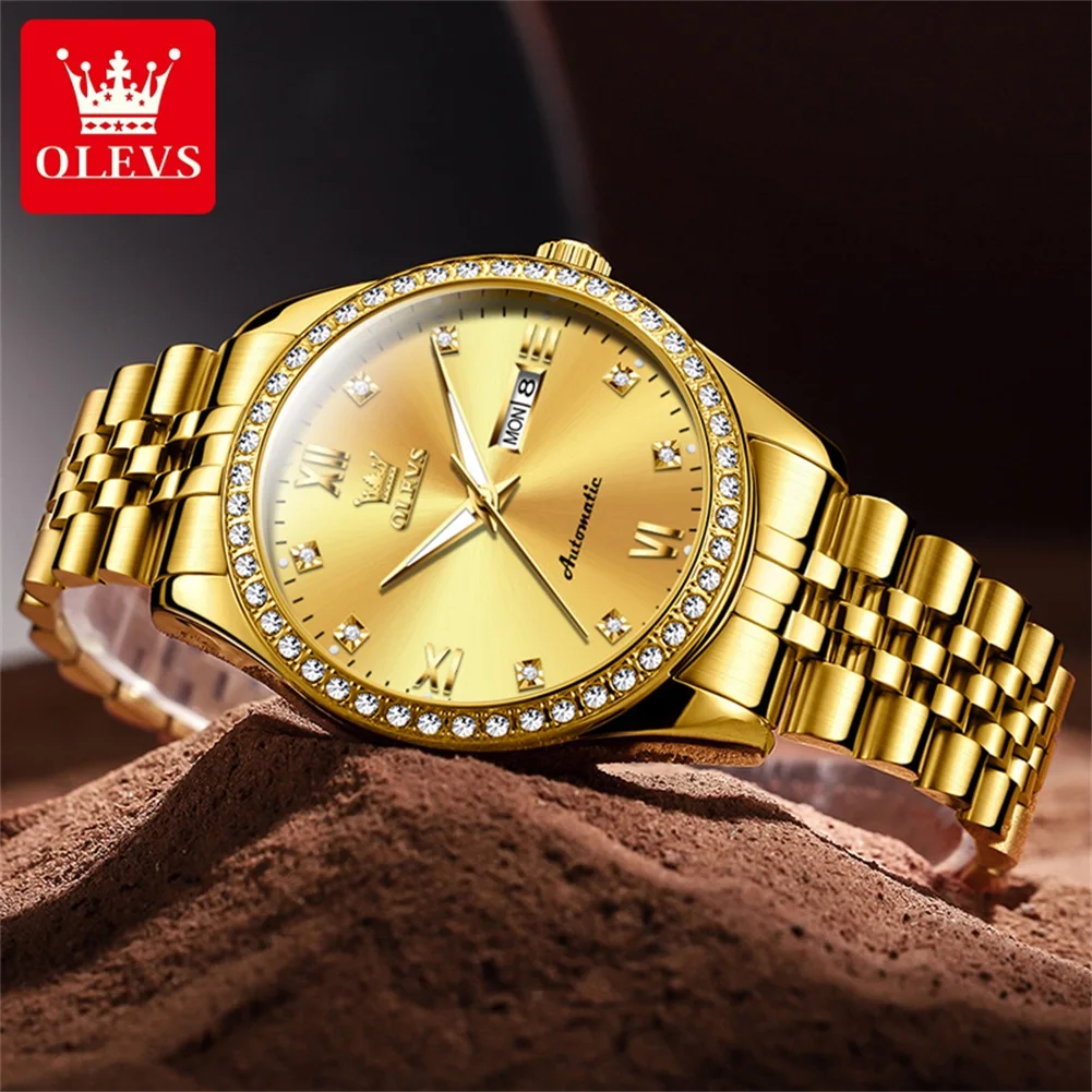 OLEVS 7012 Man Automatic Watch Dual Calendar Diamond Scale Mechanical Watch For Men Luxury Waterproof Luminous Dress Wristwatch