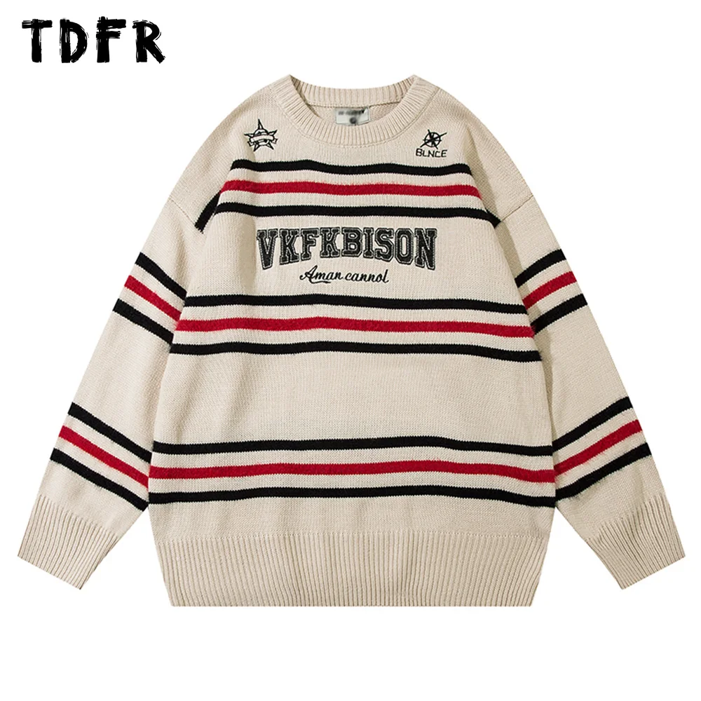 

Contrast Paneled Striped Sweater Mens Autumn Winter Casual Streetwear Long Sleeve Crew Neck Loose Knitted Pullover Men