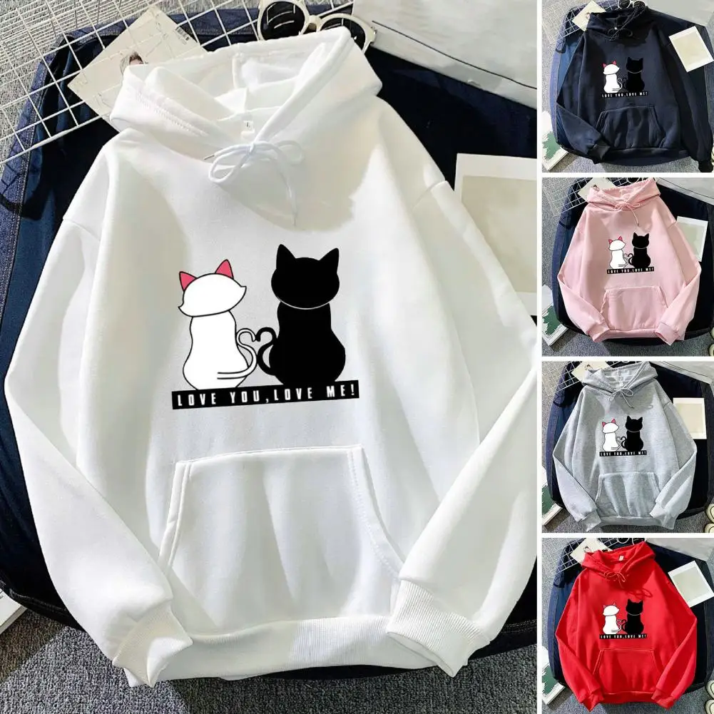 

Women Hoodie Warm Cozy Cartoon Cat Print Hoodie for Couples Plush Pullover with Drawstring Elastic Cuffs Patch Pockets Women