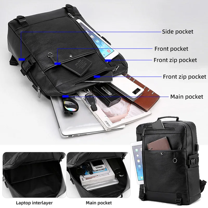 USB Bussiness Bagpack PU Work Fashion Men Schoolbag Loptop Travel Sports Bag 15.6 inch Outdoor Hiking Large Capacity xa206wd