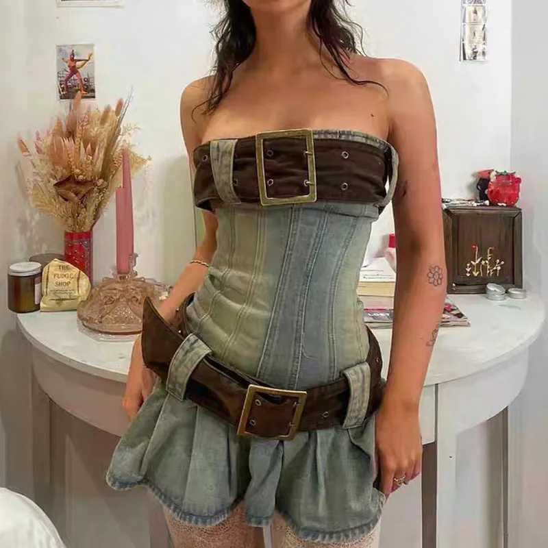 

Streetwear Fashion Retro Fashion Hot Sexy Girl Personality Belt Slim Denim Wrapped Chest Pleated Dress Gidle Short Mini Skirt