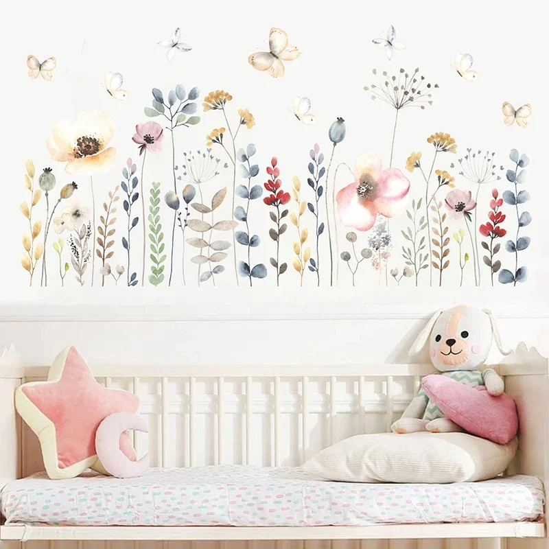 1pc Boho 스타일 수채화 꽃 꽃 벽 스티커 거실 어린이 방 어린이 침실 벽 전사 술 홈 장식