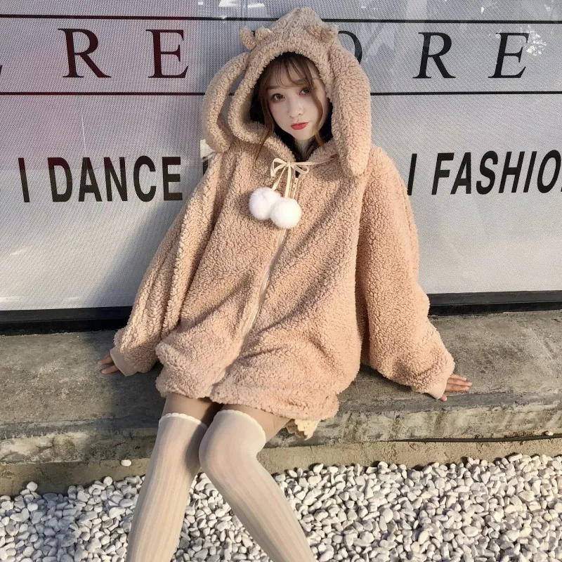 Women Pocket Cute Rabbit Ears Plush Hoodies Sweatshirt Elegant Faux Fur Hooded Jacket Autumn Winter Warm Soft Zipper Coat Korean