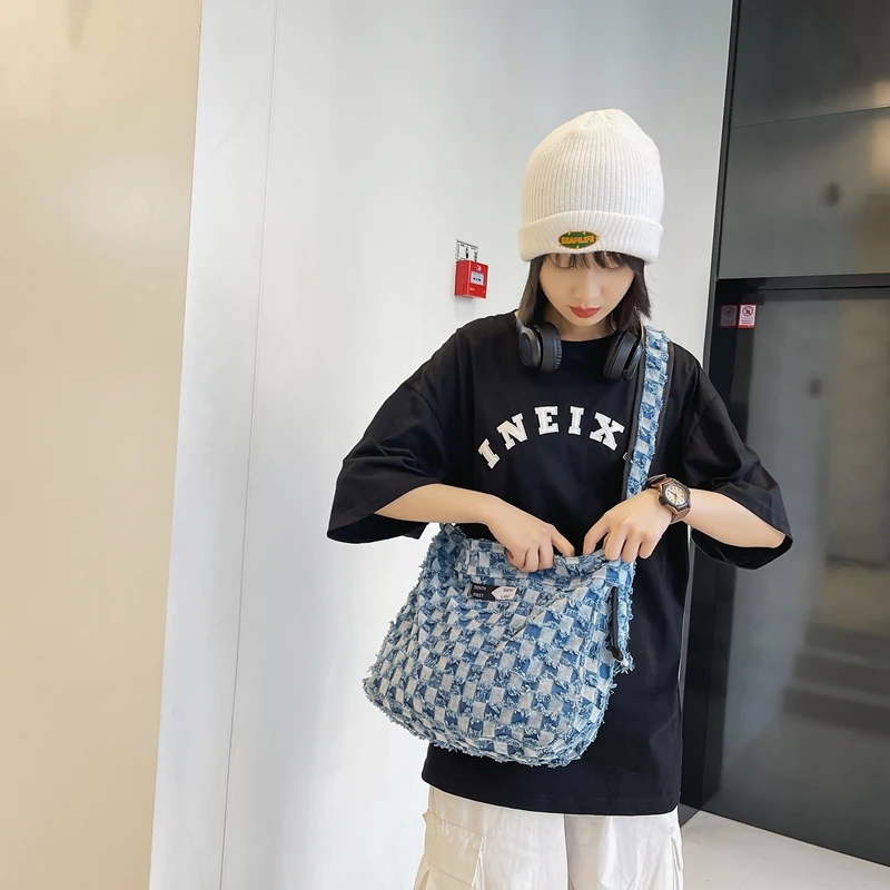 Checkered Women's Bag 2022 Trend Denim Tassel Shoulder Bag Jeans Big Shopping Eco Bag Large Capacity Crossbody Bags Casual Daily