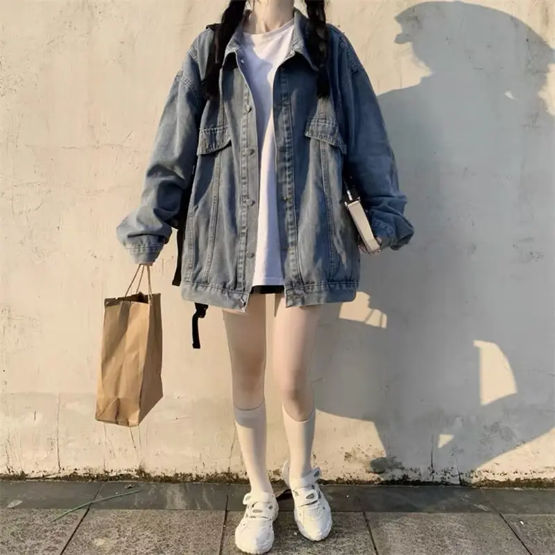 

Vintage Denim Coat Female Spring And Autumn New Korean Long Sleeve Jeans Jacket Women Casual Loose Cowboy Outerwear Tide T214