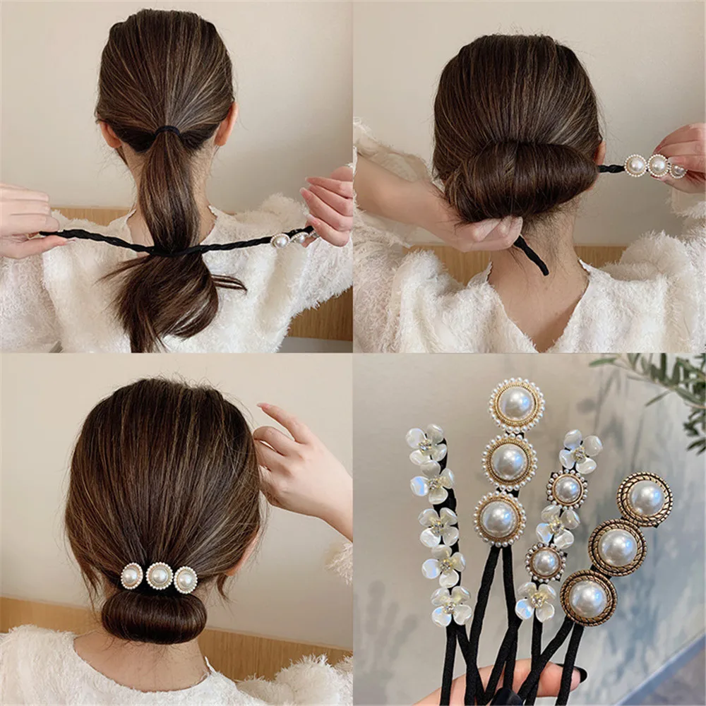 

Elegant Shell Pearl Lazy Hair Curler Bow Barrettes Braided Hair Artifact Vintage Women Flower DIY Hair Maker Tools Scrunchies