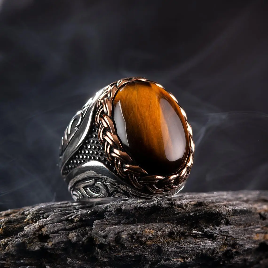 Vintage Brown Tiger Eye Stone Rings for Men Women Turkish Handmade Spiral Engraved Statement Ring Anniversary Gift Anillo Hombre