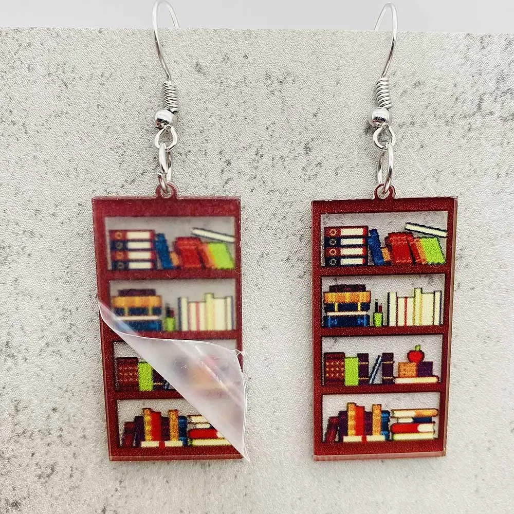 Cat Bookcase Earrings Book Dangle Earring Women Rabbit Love Cloud Bookshelves Acrylic Earrings Teacher Reader Gifts Jewelry