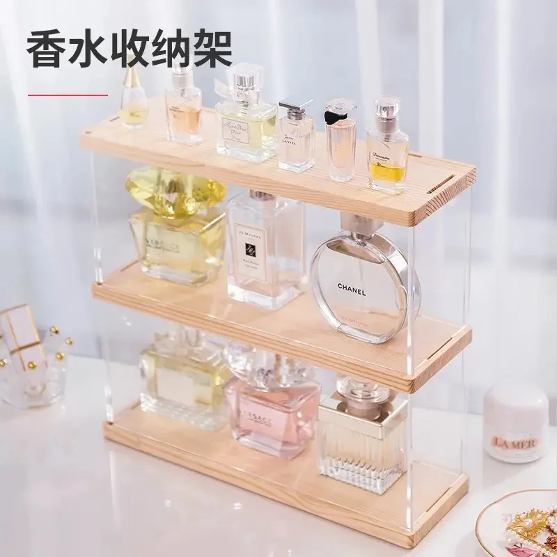 Perfume Organizer Dustproof Transparent Cosmetic Skincare Display Stand Acrylic Solid Wood Dressing Table Desktop Storage Box 5