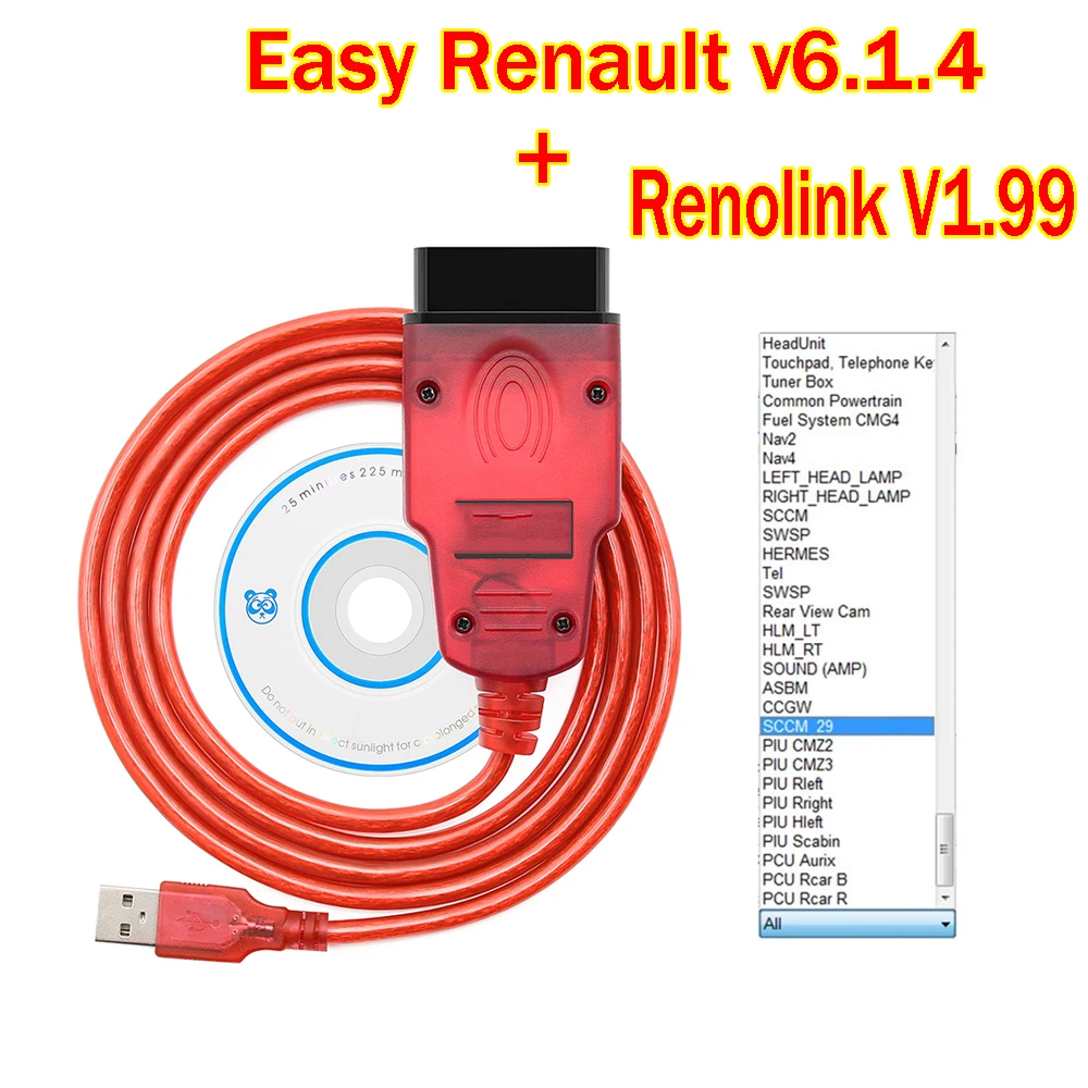 Диагностический интерфейс для Renault v6.1.4, программное обеспечение + Renolink V1.99 OBD2, ECU Программатор, считыватель кодов подушек безопасности