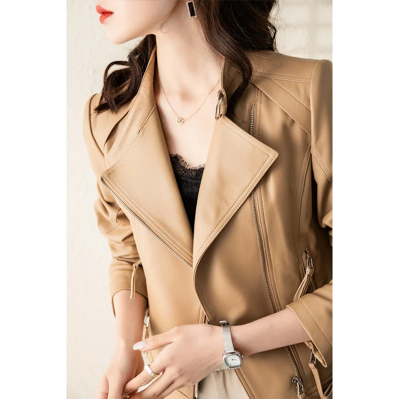 Genuine Leather Clothes Women's  Spring and Autumn New Fashion Khaki Locomotive Sheep Leather Collar Jacket Short Jacket