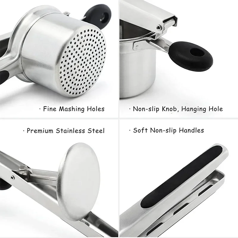 Stainless Steel Potato Ricer with 3 Interchangeable Fineness Discs Silicone Grip Handle Kitchen Tools Potato Press Masher