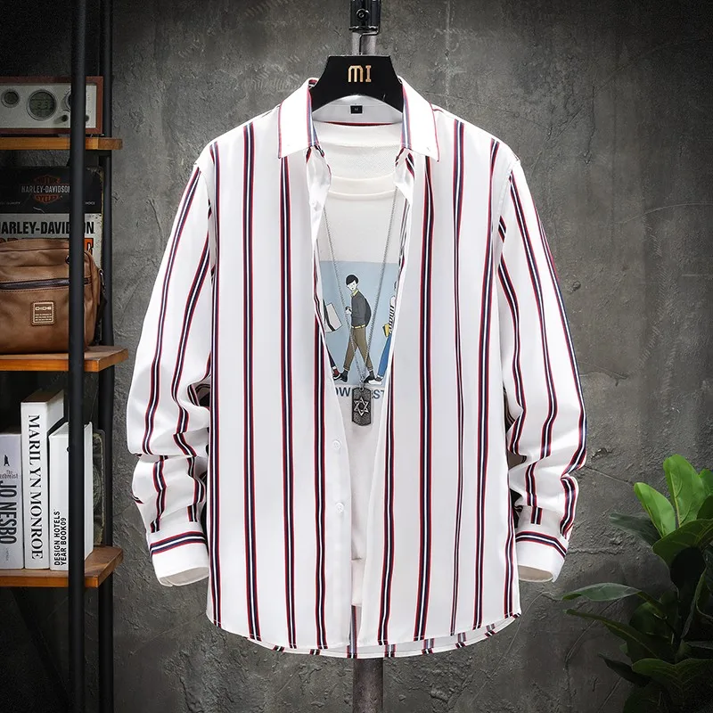 

Vertical Striped Shirts for Man Twill Business Long Sleeve Men's Social Shirt Casual White Blouse Regular Fit Pocket Quality New