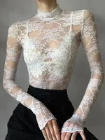 Chemisier Sexy en dentelle pour femmes, chemises d'été à col roulé, manches longues, transparent, Patchwork, hauts fins 1