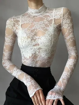 Sexy Lace Blouse Shirts Summer Women Turtleneck Long Sleeve See Through Lace Patchwork Thin Tops 1