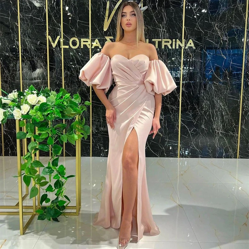 

Pink Sweetheart Arabic High Side Split Satin Mermaid Prom Dresses Puff Sleeves Pleat Ruched Evening Gowns Formal Party Dress