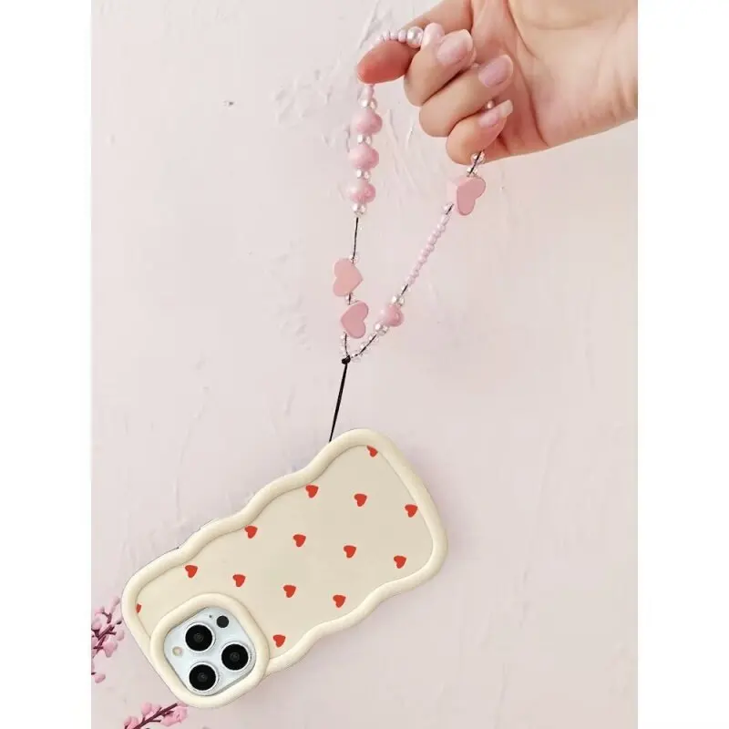 Heart Design Phone Case with Bracelet Chain and Soft Candy Wave Edge
