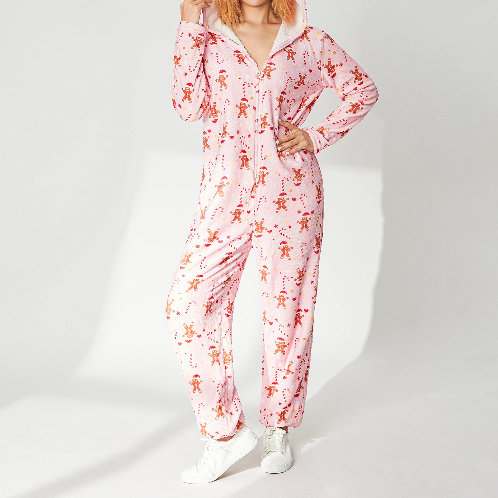 Women Pajama Floral Print Long Sleeve Hooded Jumpsuit Winter Warm Flannel Nightwear Home Wear Clothes with Zipper S/M/L/XL